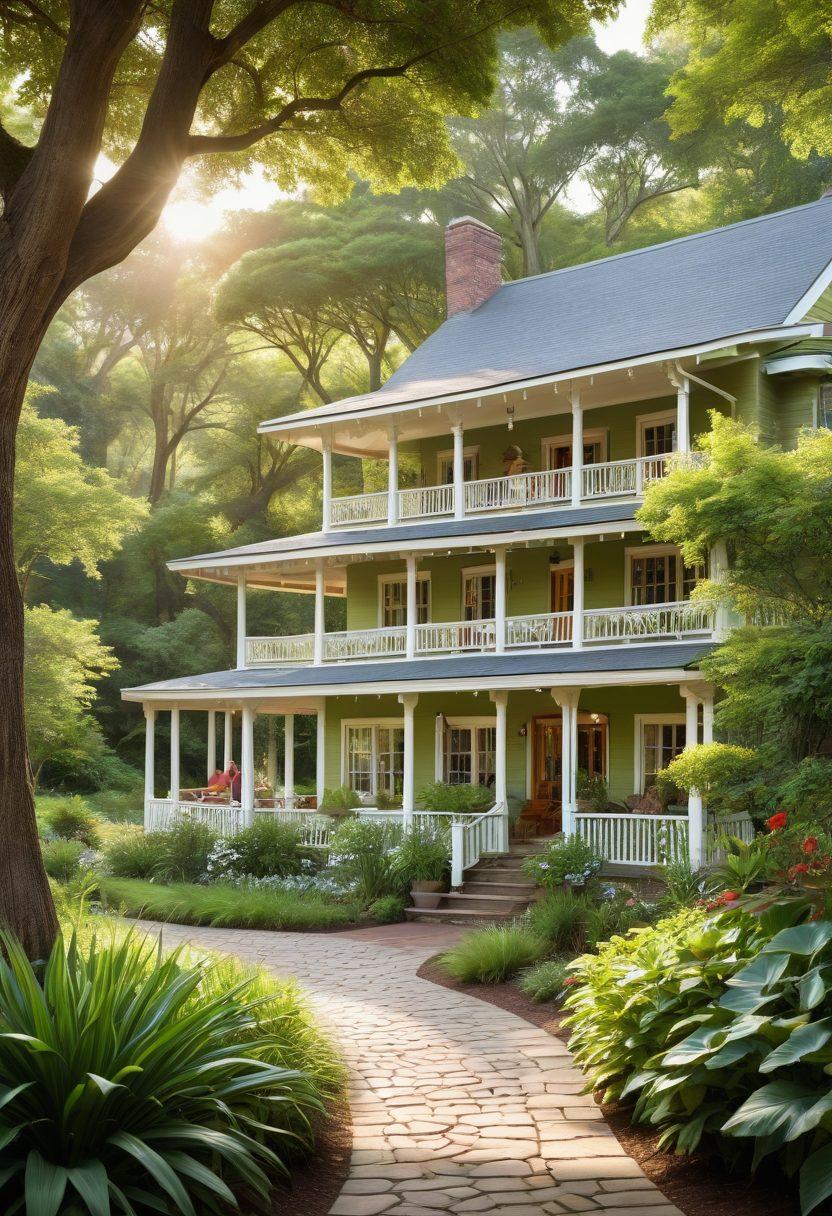 A serene family enjoying their stay at Lotus Inn, surrounded by lush green gardens and cozy cabins. The scene includes children playing in the grass, parents relaxing on a porch, and the inn’s charming architecture in the background. Bright sunlight filters through trees, creating a warm and inviting atmosphere. Emphasize affordable luxury and a welcoming vibe. super-realistic. vibrant colors. bright background.