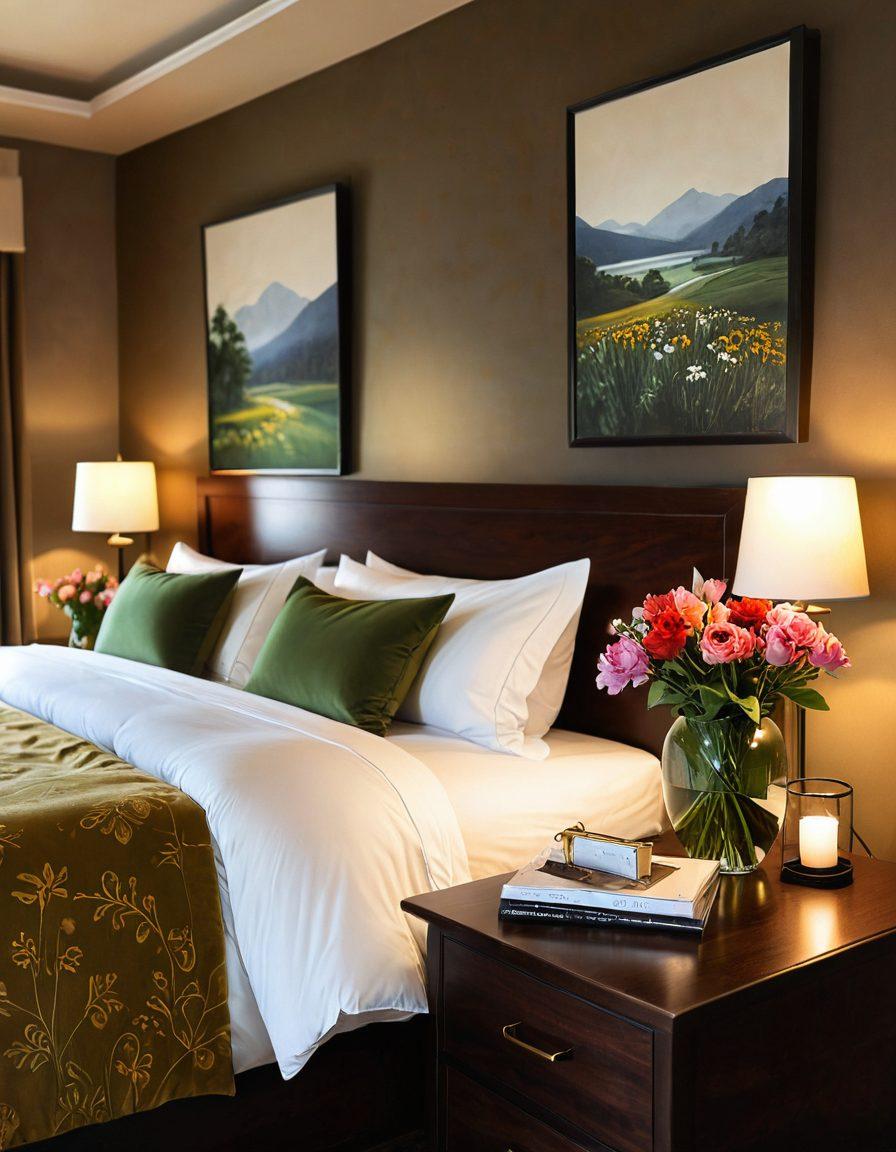 A cozy and inviting room at Lotus Inn, featuring plush bedding and warm lighting, with a view of scenic nature outside the window. Include elements of budget-friendly decor, such as stylish furniture and subtle hints of luxury. Add a welcoming touch with a vase of fresh flowers on the bedside table. The atmosphere should evoke comfort and tranquility. super-realistic. vibrant colors. warm tones.